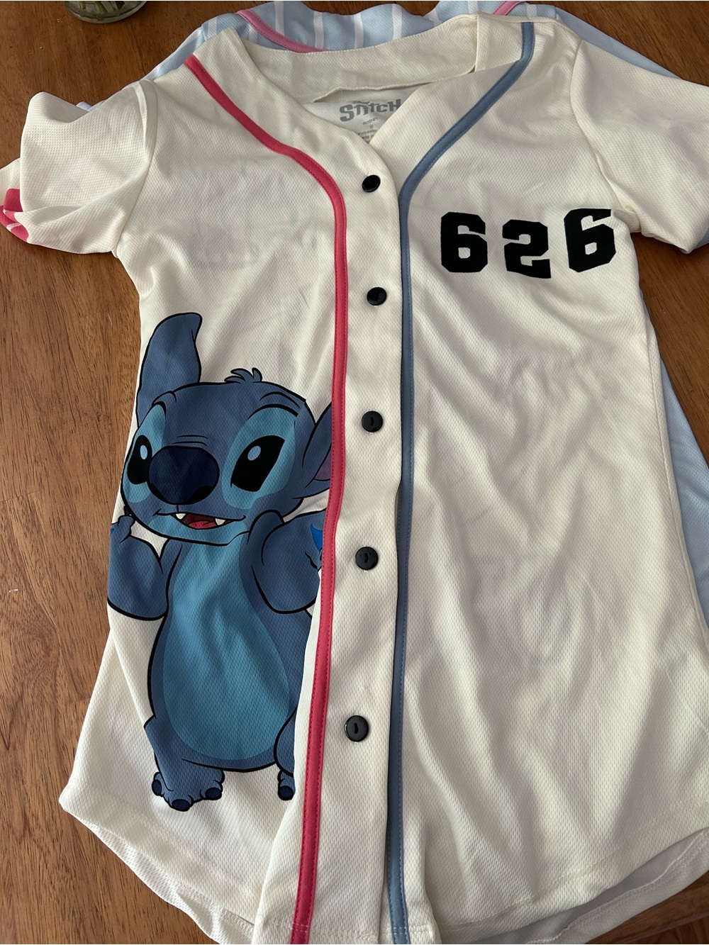 Disney Stitch White Jersey with Blue and Pink Trim small and blue striped XS
